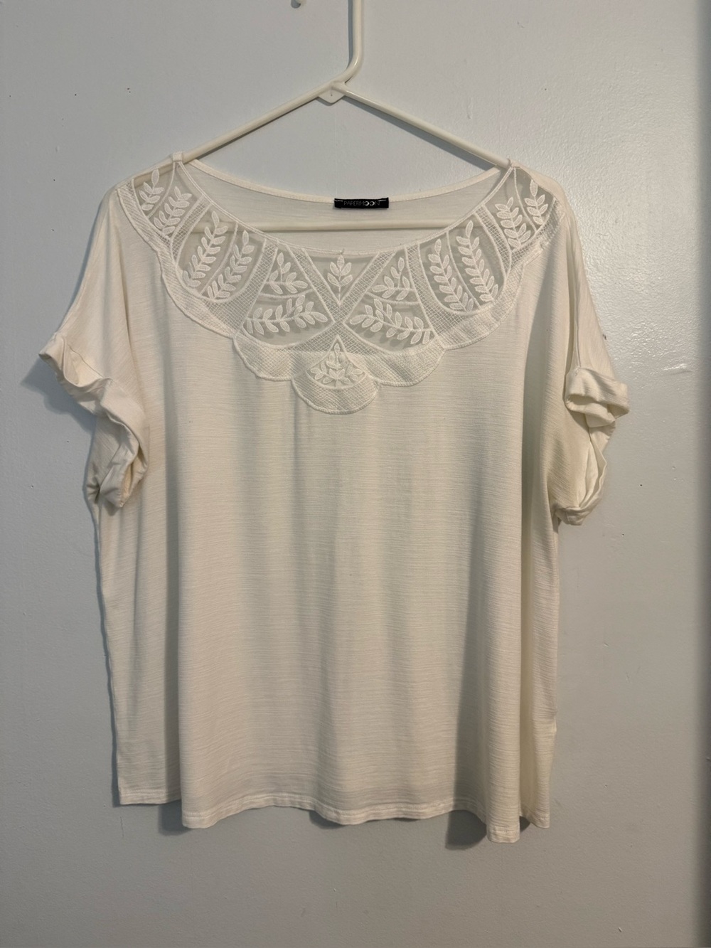 Papermoon Cream Short Sleeve Top with Embroidered Scallop Yoke